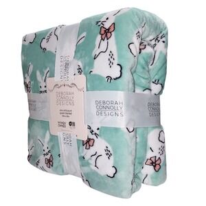 Deborah Connolly Queen Size White Bunnies Ultra Soft Plush Blanket Mint 90x90in